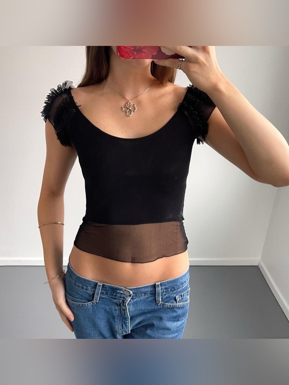 Vintage 90s Black Ruffle Mesh Top
